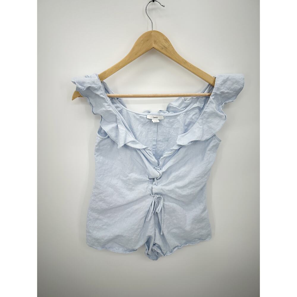 Lewit Womens XS Lace Up Linen Cotton Tank Top Ruffle Blue Coquette Blouse